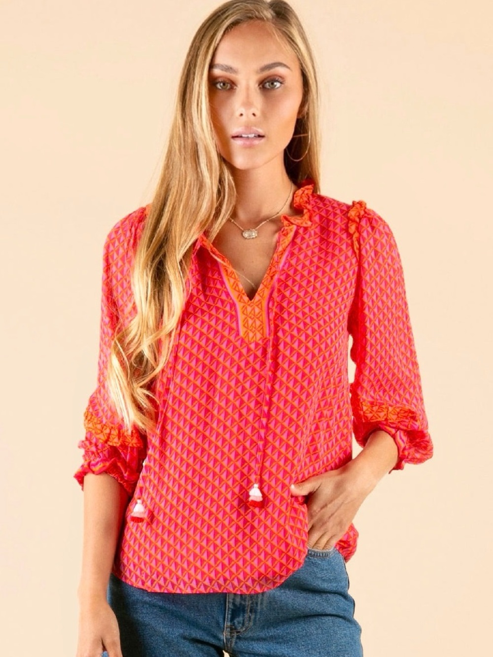 Hale Bob Tassel Ruffle Trim Pink Orange Peasant Blouse